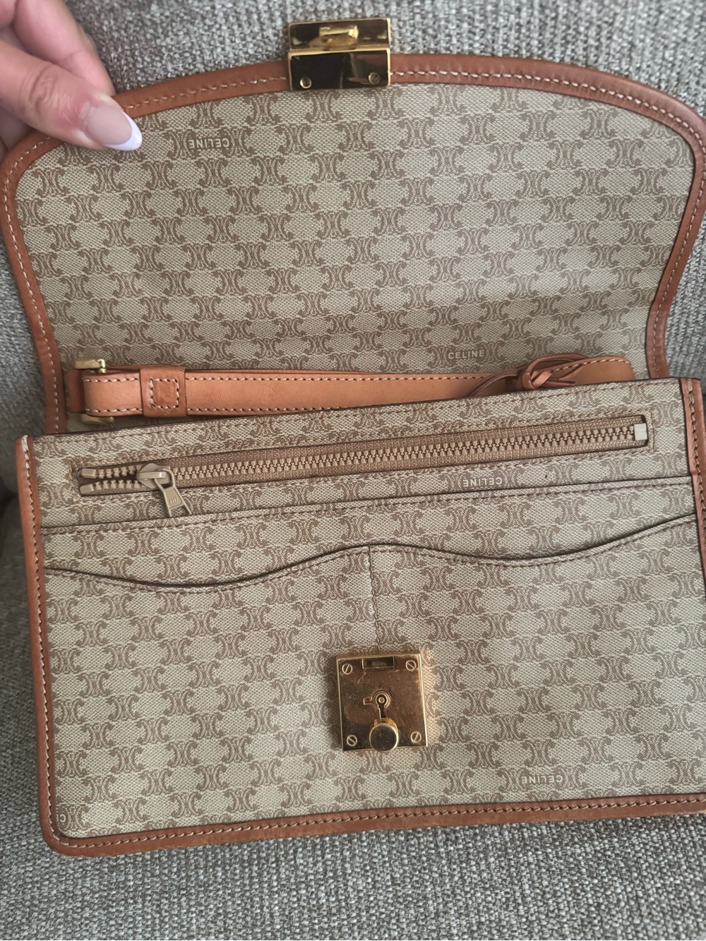 Celine Beige Monogram Canvas Clutch with Brown Trim and Gold Hardware - Picture 2 of 12
